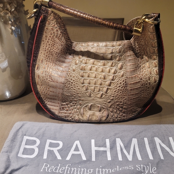 BRAHMIN Beige-Brown -Red Trim Croc Embossed MELBOURNE Shoulder Bag - Picture 5 of 8
